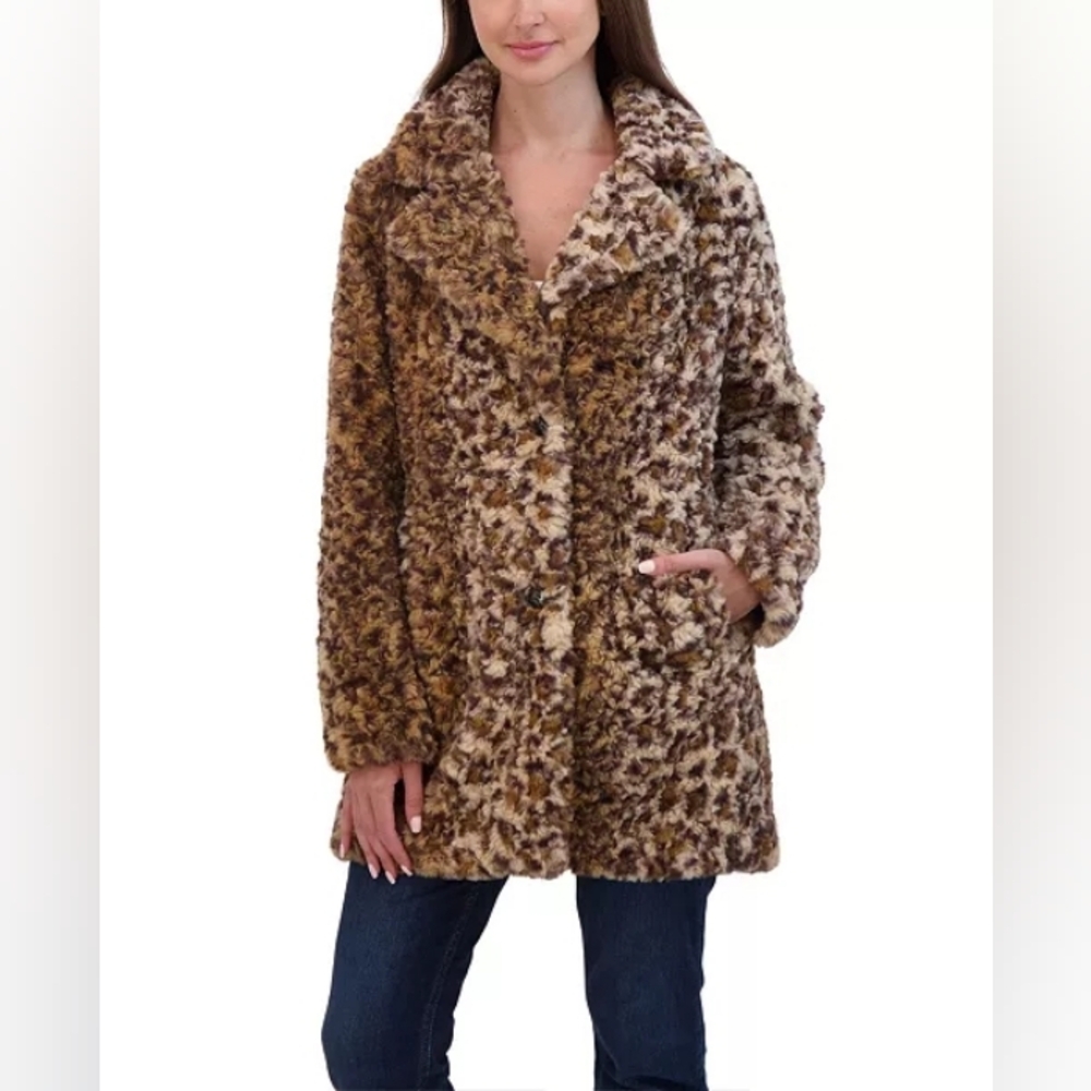 NWOT Sebby Collection Women's Leopard Crushed Faux Fur Button Front Coat Size XL